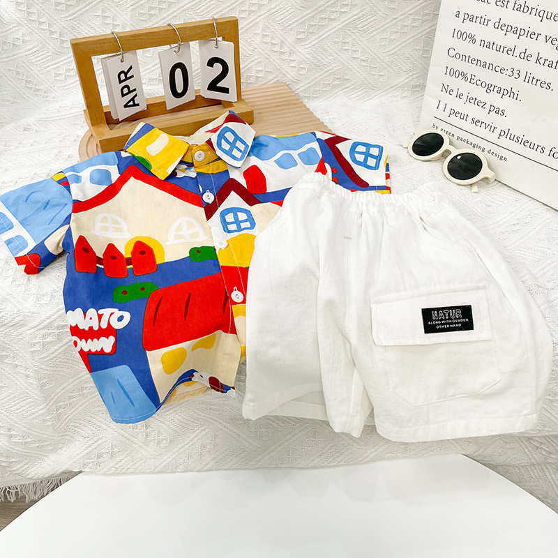 Children's Summer Outfit 2026 New Colorful Graffiti Shirt for Boys and Girls, Hong Kong Style Vacation Casual Short-Sleeve Shirt
