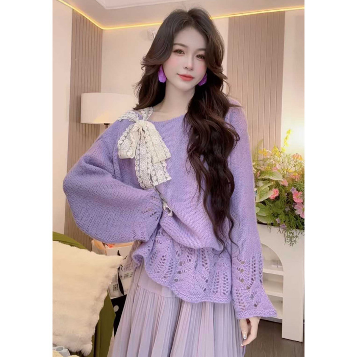 2025新款温柔紫色蕾丝蝴蝶结系带套头毛衣春秋甜美宽松针织衫上衣|undefined