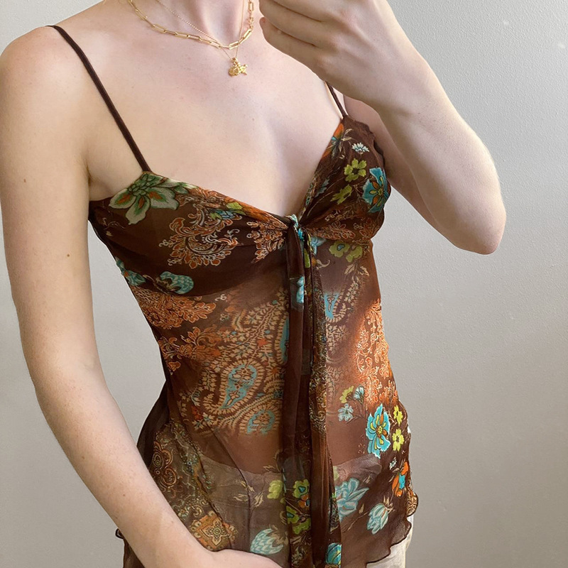 New Retro Print Color-Blocking Pure Desire Sexy Mesh Patchwork Ribbon Low-Cut Camisole for Women