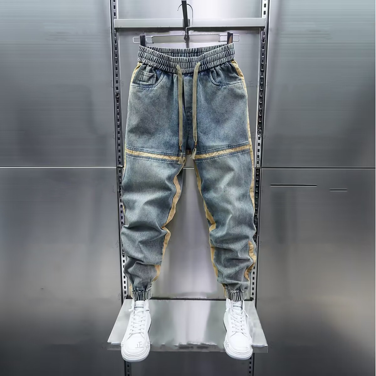 Men's Slim Fit Patchwork Jeans Blue Washed Distressed Elastic Waist Jogger Pants Trendy Spring Style_voghion.com