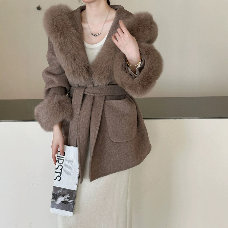 Fox Fur Cuffs, Hooded, Lace-Up, Long Sleeves, Dropped Shoulder, Mid-Length, Double-Sided Woolen Coat, Loose Fit for Women Fox Fur Cuffs, Hooded, Lace-Up, Long Sleeves, Dropped Shoulder, Mid-Length, Double-Sided Woolen Coat, Loose Fit for Women