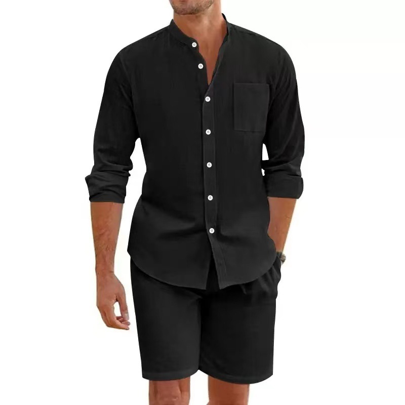 American-style cross-border European size men's summer short-sleeved stand-up collar shirt set, solid color, loose casual linen style, breathable men's