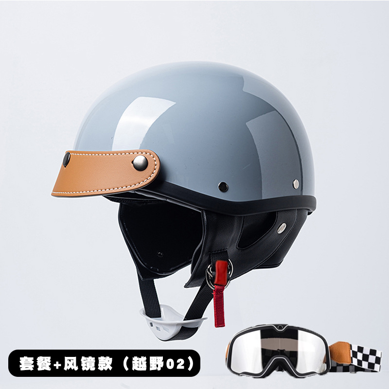 Lightweight Motorcycle Half – Motuoche Motosiklet kaskı (dəbilqə) - leather-brim-blue-goggles-m