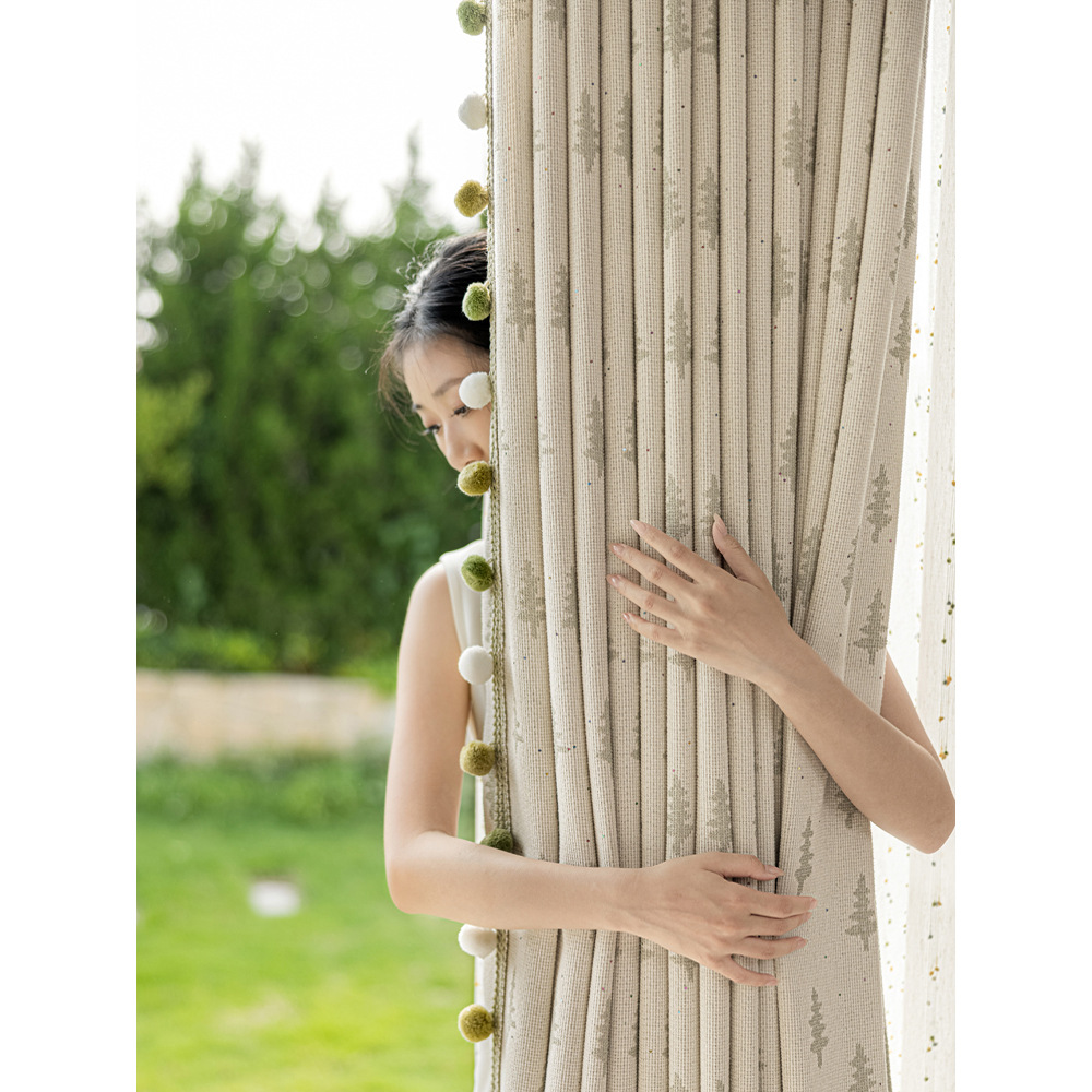 2025新款圣诞小树棉麻提花书房儿童房男孩女孩奶油风环保窗帘批发