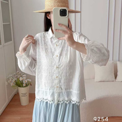 9254衬衣女重工刺绣棉上衣大码宽松设计感花边长袖衬衫潮