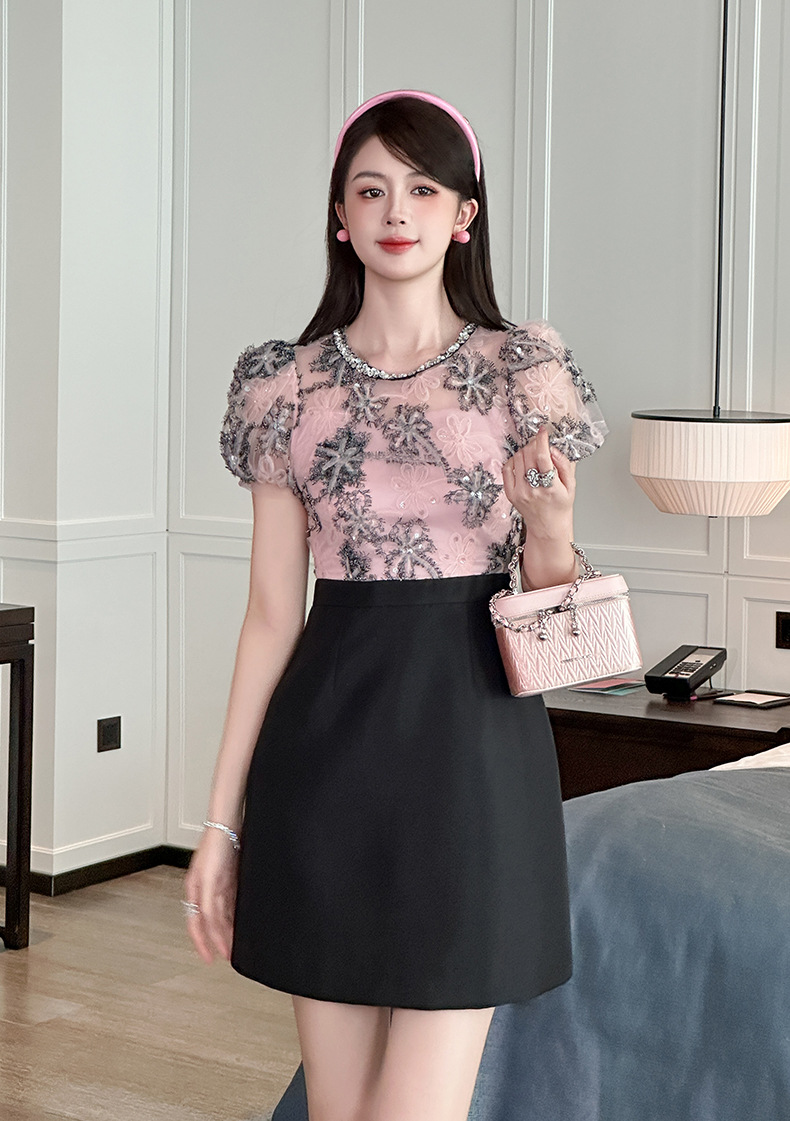 Đầm sequin thiết kế eo giả hai mảnh kiểu Pháp — Màu hồng đen chi tiết 9