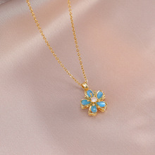项链女新款日韩旋转锆石花朵小众戒指新款设计感吊坠气质钛钢项链
