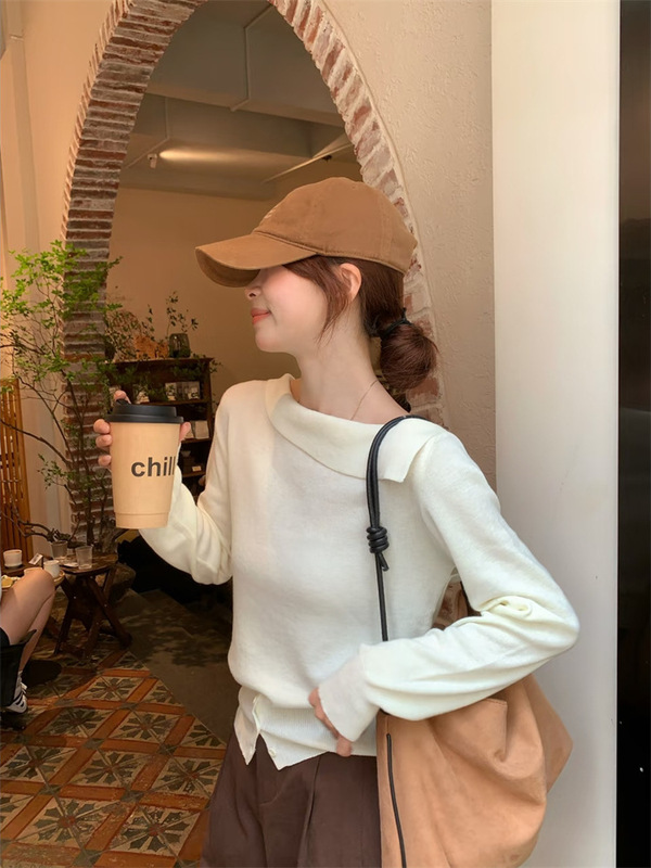 韩系灰色斜肩长袖针织衫女早秋小个子短款收腰显瘦别致高级感上衣|undefined