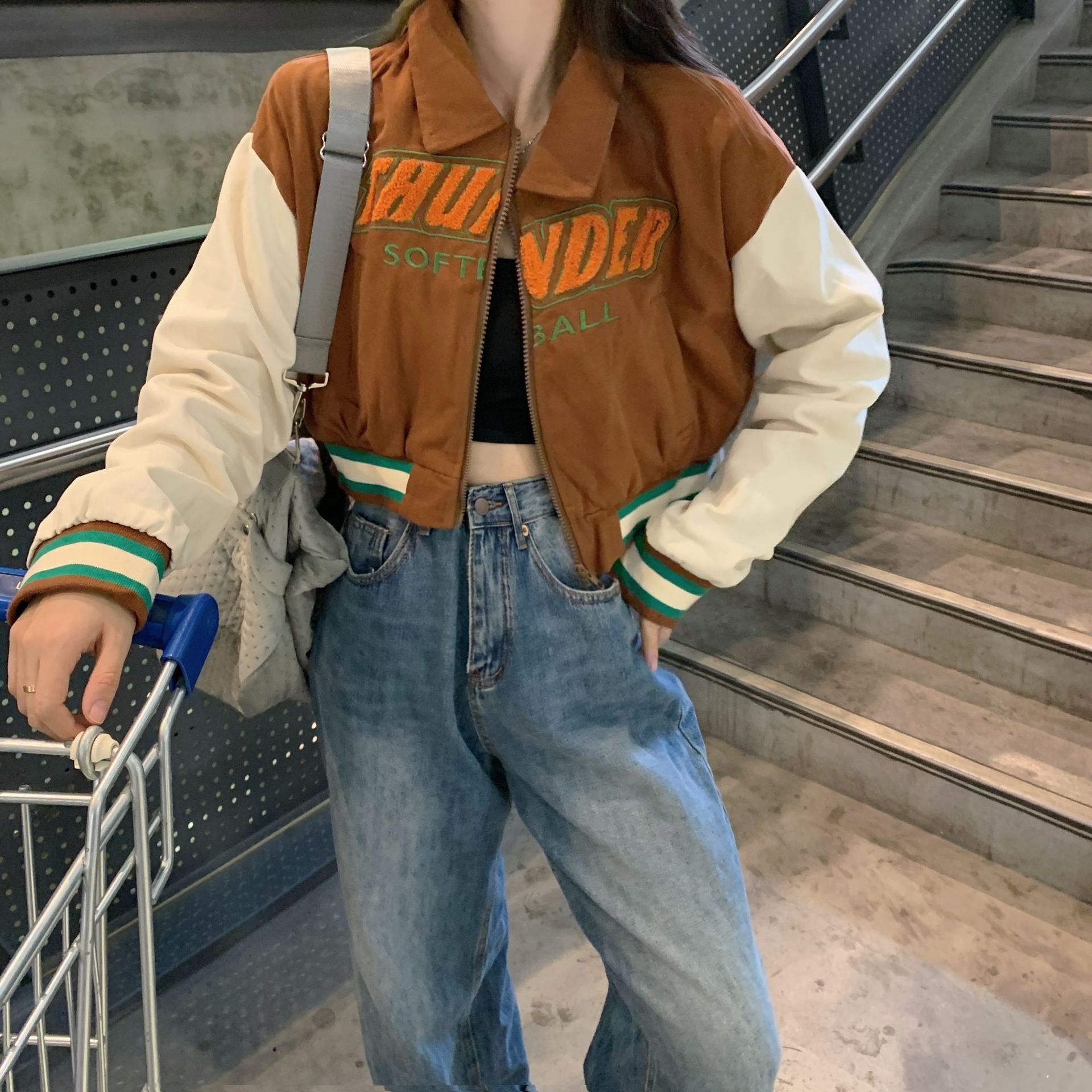 外贸虾皮美式复古辣妹短款vintage棒球服设计感小众夹克长袖外套