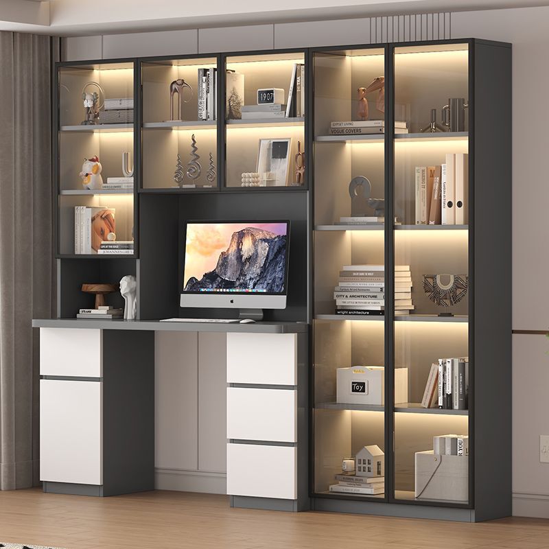 Solid Wood Desk Bookshelf Combination Computer Desk Bookcase Integrated Wall Glass Door Accessible Luxury Ins Style Study Desk
