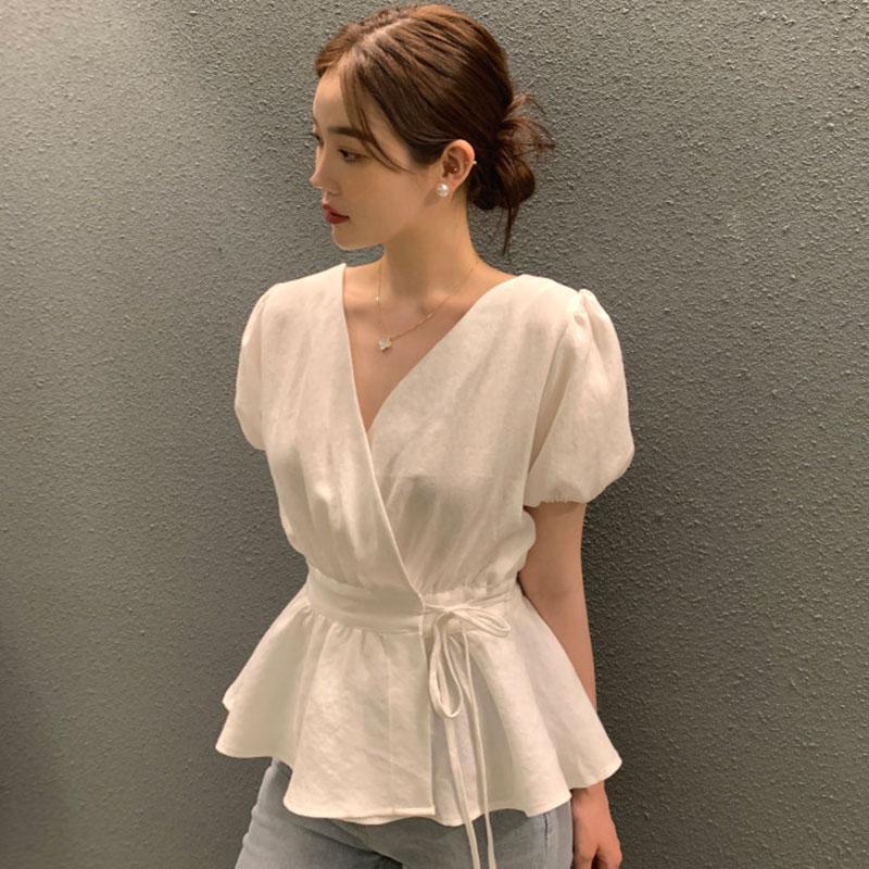 1688 Summer Vintage All-match Cross V-neck Lace-up Waist Women's Slimming Puff-sleeved Ruffled Shirt Top