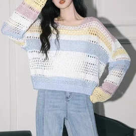 条纹镂空防晒针织衫女夏季2025春新款多巴胺宽松外搭罩衫短款上衣