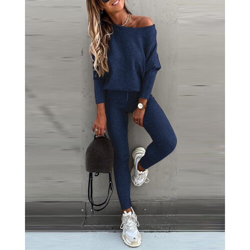 Europe and America hot sale pure color fashionable casual lacing one-word oblique shoulder sports pants long suit for women