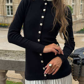 知性千金风假两件针织连衣裙女撞色立领收腰短裙欧美小香风春季款