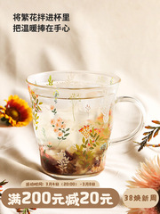 UMC7批發高顏值馬克杯玻璃杯帶把家用水杯耐高溫高硼硅帶蓋碎花杯