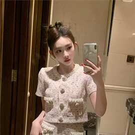 猪猪出品气质百搭短袖时尚浅粉系圆领钉珠女装毛针织衫825