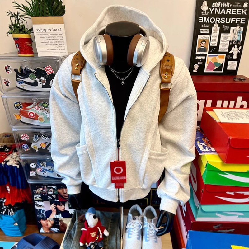 White Gray American Boxy Cardigan Sweatshirt Men's Autum Short Wide Cleanfit Heavy Weight High Weight Hooded Jacket White Gray American Boxy Cardigan Sweatshirt Men's Autum Short Wide Cleanfit Heavy Weight High Weight Hooded Jacket