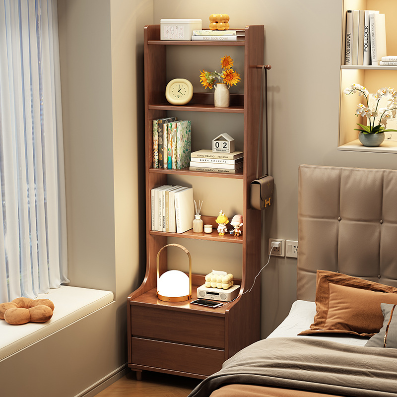 Solid Wood High Bedside Table with Bookshelf Integrated Heightened Bedroom Bedside Storage Cabinet Household Floor-Standing Multi-Layer Storage Rack