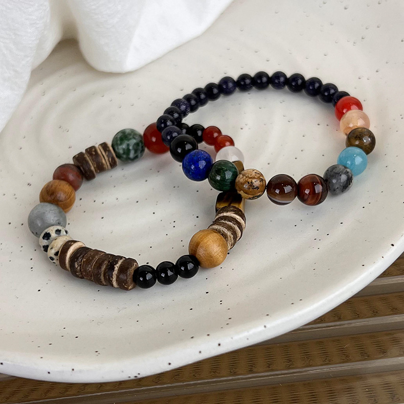 1 Piece Retro Round Multicolor Wooden Beads Agate Beaded Polishing Unisex Bracelets display picture 3