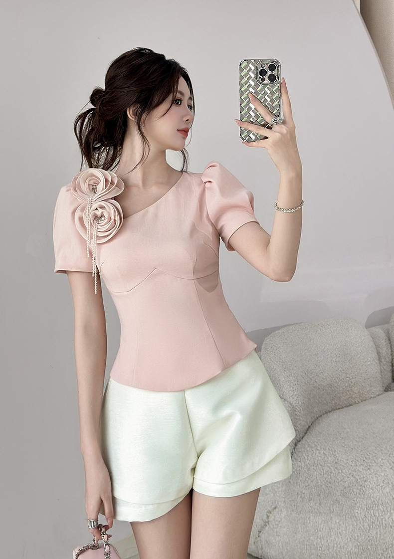 Áo kiểu nữ tay ngắn ôm dáng thiết kế hoa nổi 3D phong cách Pháp — màu hồng chi tiết 5