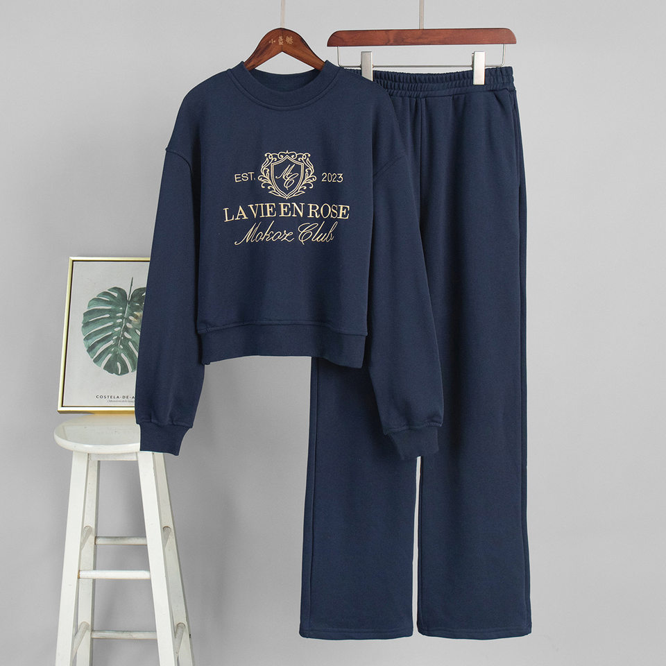 Bộ đôi áo nỉ thêu và quần dài nữ phong cách casual — Màu trắng nhạt, Màu xanh hải quân, màu xám, nâu sẫm chi tiết 15