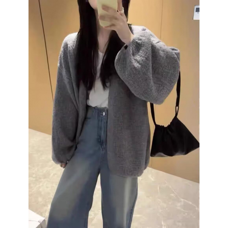Corteza artesanía de punto Cardigan mujeres primavera y otoño nuevo estilo coreano burbuja manga suéter de aire perezoso abrigo suelto