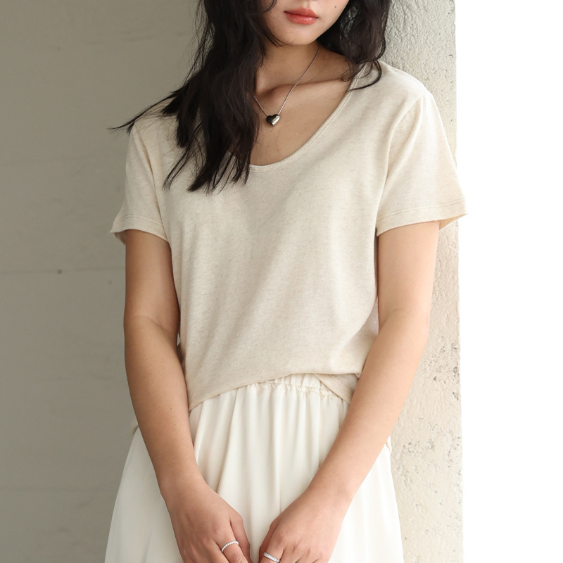 リヨセルテンセル半袖Tシャツ レディース エッグネック ゆったり半袖トップス リネンコットンTシャツ 文芸風 レトロ風|undefined
