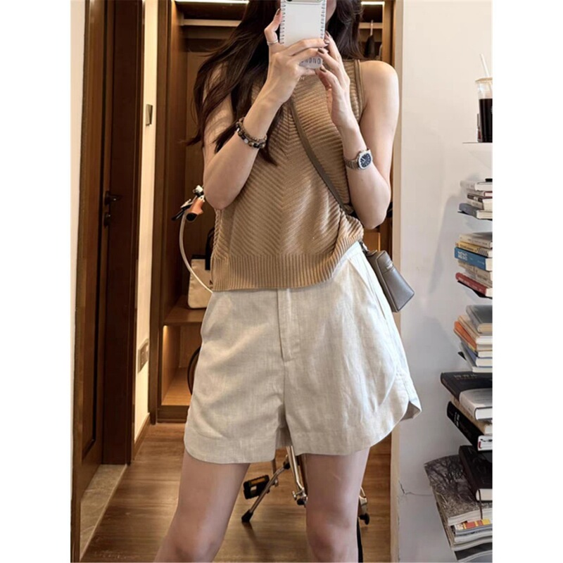 Old Money Style Linen Wide-Leg Pants for Women, Summer, Petite, Loose Fit, Slimming, White Suit-Style Five-Point Pants, Cotton-Linen Casual Shorts