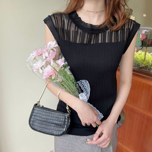 Women's 2025 Ice Silk Knit V-Neck Bodysuit with Bamboo Edge Lace Sleeveless Top, Hollow Out Outerwear Base Layer Top