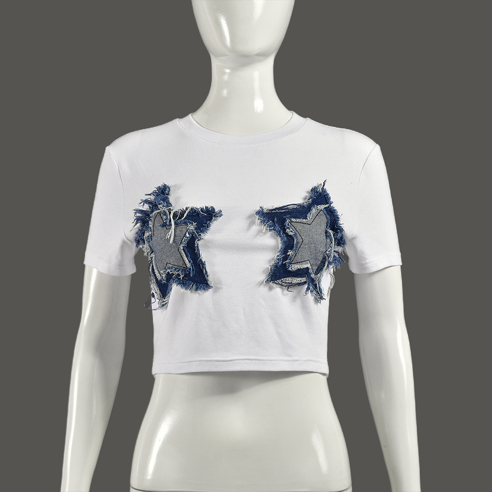 Autumn Summer Stitching Tassel Five Pointed Star Cropped round Neck T shirt for Women
