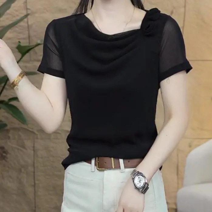 女性用フラワーパイルカラー半袖シャツ、肉感をカバーして着痩せ、夏用Tシャツ、気質トップス、メッシュ年齢軽減ボトムスシャツ|undefined