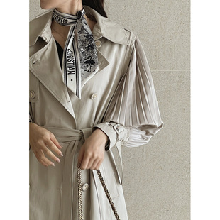 Korean Dongdaemun Elegant Lapel Double-Breasted Sleeves Pleated Long Over-The-Knee Windbreaker Jacket Women's British Style Outwear