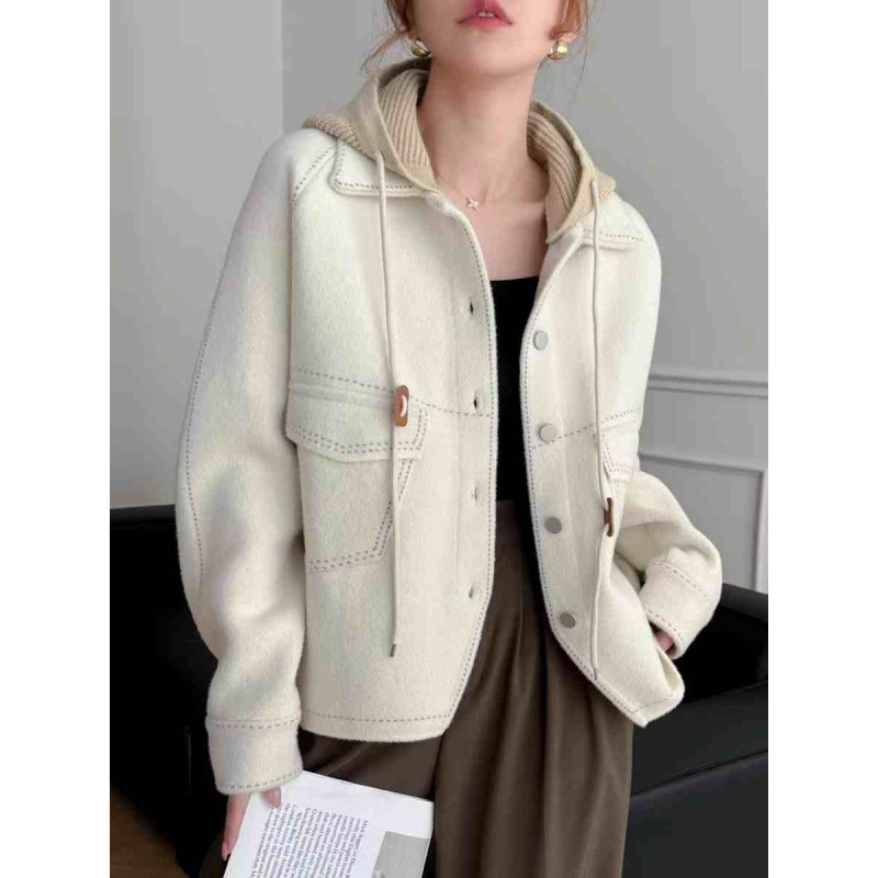 Autumn New Thickeneded Imitation Woolen Outwear Women's Loose Slim Casual Hooded High-End Short Knitted Cardigan