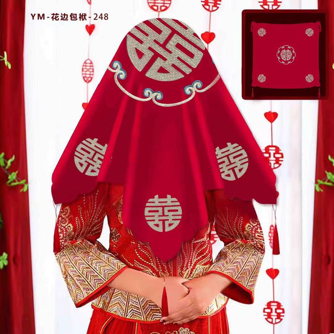 Tapa roja nupcial bordado chino suministros de la boda colección doble capa con borla Xiuhe ropa velo boda apoyos