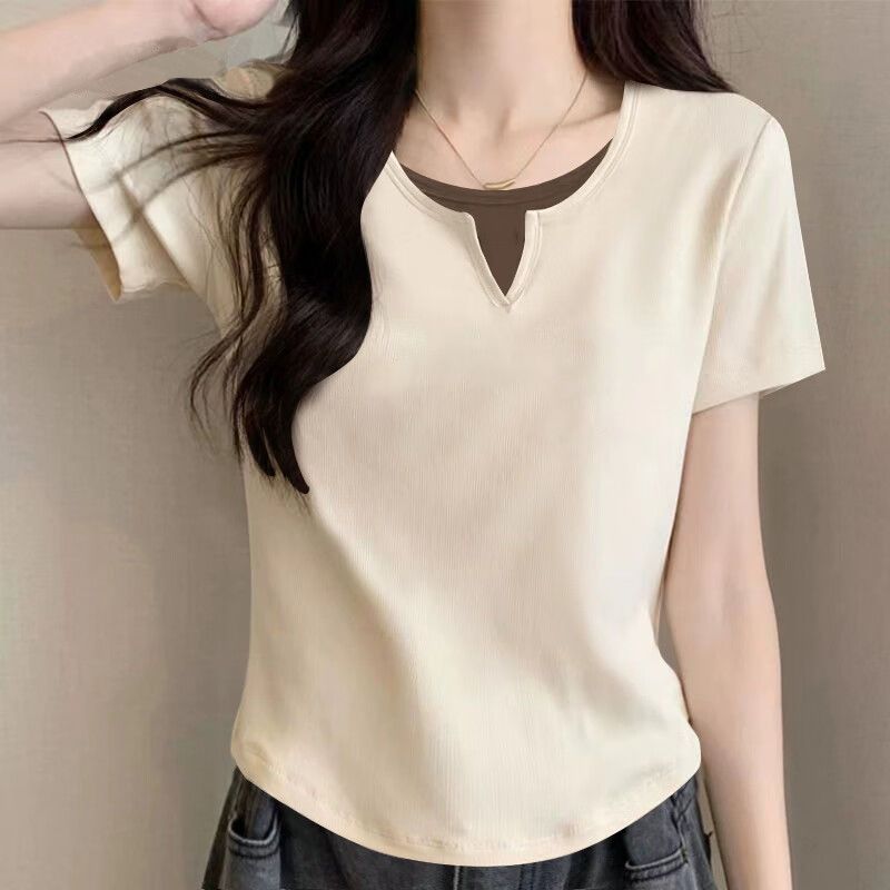 純綿半袖tシャツ女性2025夏の新型デザイン感裾のアーチ型偽の2つのユニークなつなぎ合わせ上着の潮|undefined