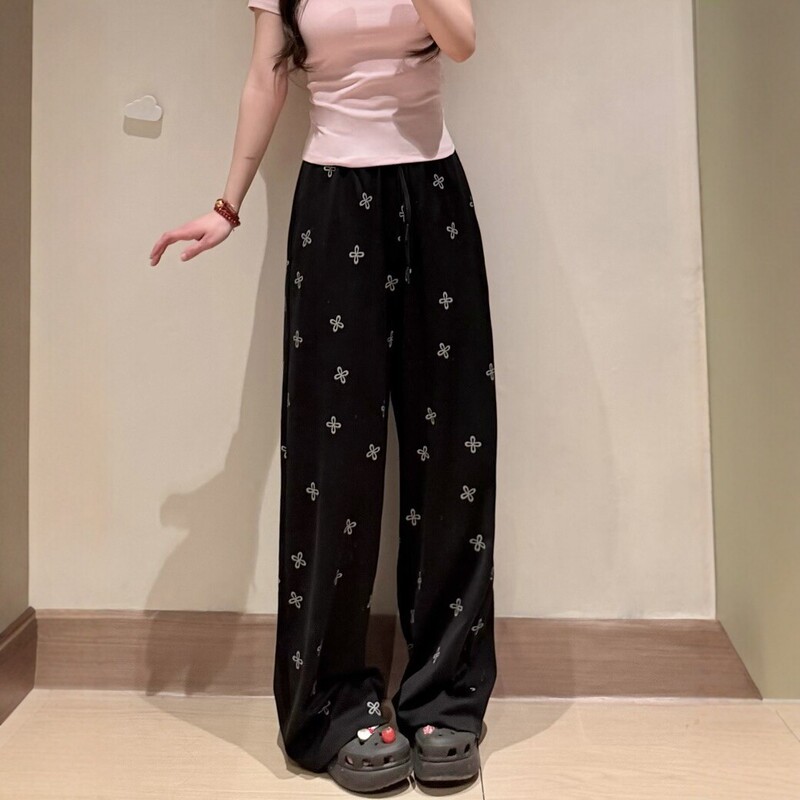 Nanyou Summer Ice-Feel Cross-Pattern Floral Print Wide-Leg Pants for Women, High-Waisted, Drapey, Slimming, Loose, Floor-Length Casual Pants Nanyou Summer Ice-Feel Cross-Pattern Floral Print Wide-Leg Pants for Women, High-Waisted, Drapey, Slimming, Loose, Floor-Length Casual Pants