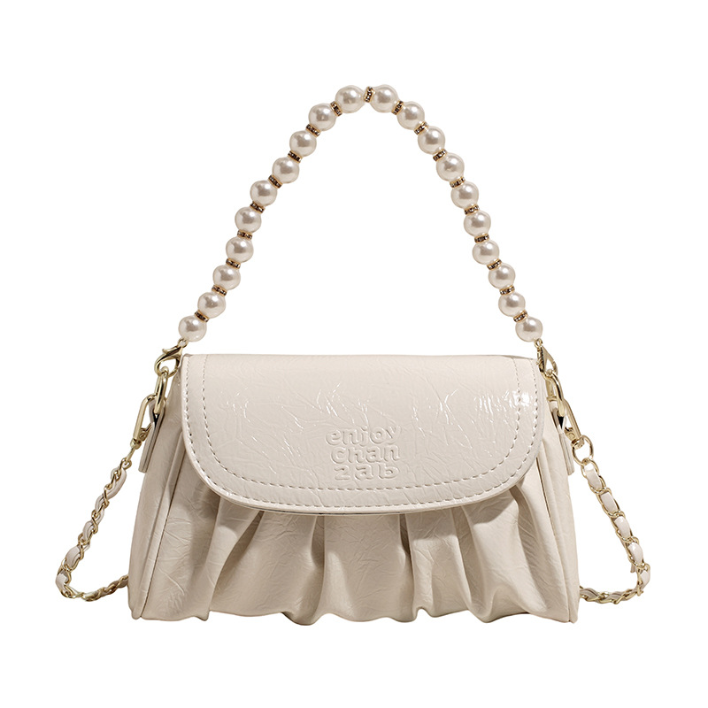 Bolso de alta calidad con textura 2025 verano nuevo estilo bolso femenino patrón de agarre de mano plisado bolso de hombro con cadena de cuentas bolso de mensajero