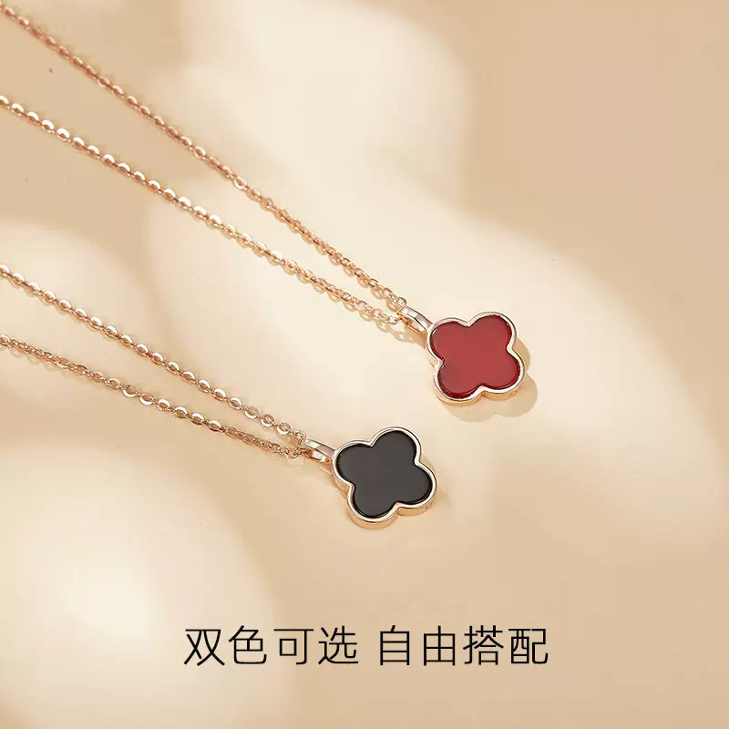 四叶草项链女925纯银玛瑙ins百搭玫瑰金送女朋友生日礼物一件代发