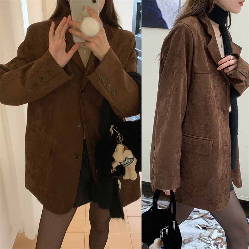 French women's distressed mid-length suede suit jacket autumn Suede…