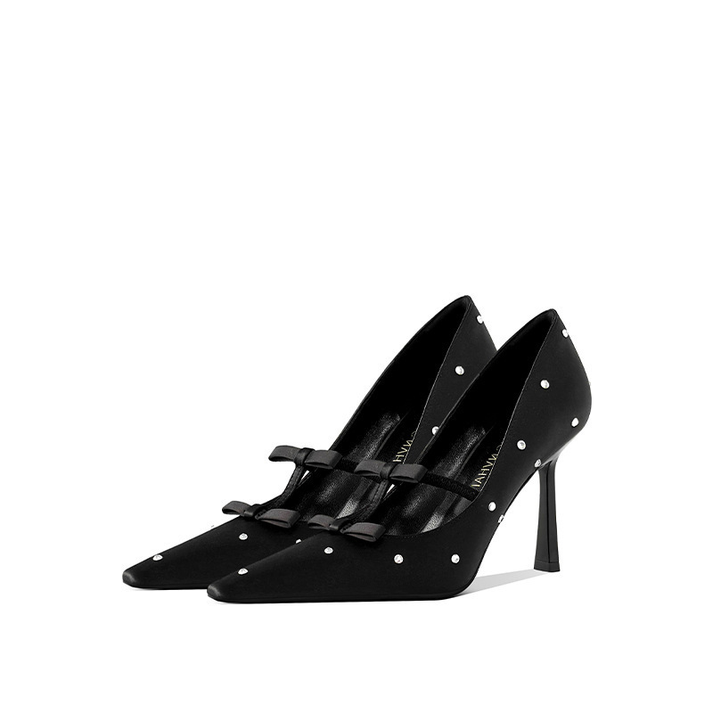 [in Stock] French Style Bowknot Black Rhinestone Single Shoes for Women 2025 New Autumn High Heels
