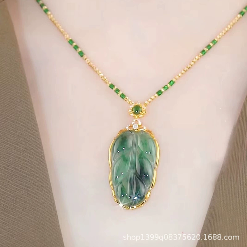 Золотые ветви и нефритовые Листья Имитация нефрита зеленое ожерелье кулон женский большой лист бамбуковый свитер цепочка Кулон для одежды