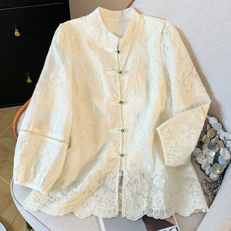 Реальный снимок новой китайской жаккардовой рубашки с пуговицами для женщин, лето 2025, новая ретро-элегантная, омолаживающая шикарная рубашка-топ