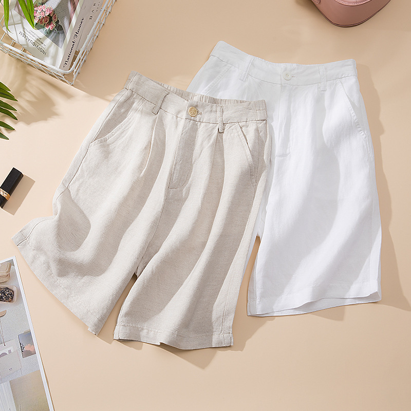 High-End Pure Linen Women's Shorts, Size 26, Summer High-Waisted Slimming A-Line Mid-Length Shorts, Casual Loose Straight-Leg Linen Pants