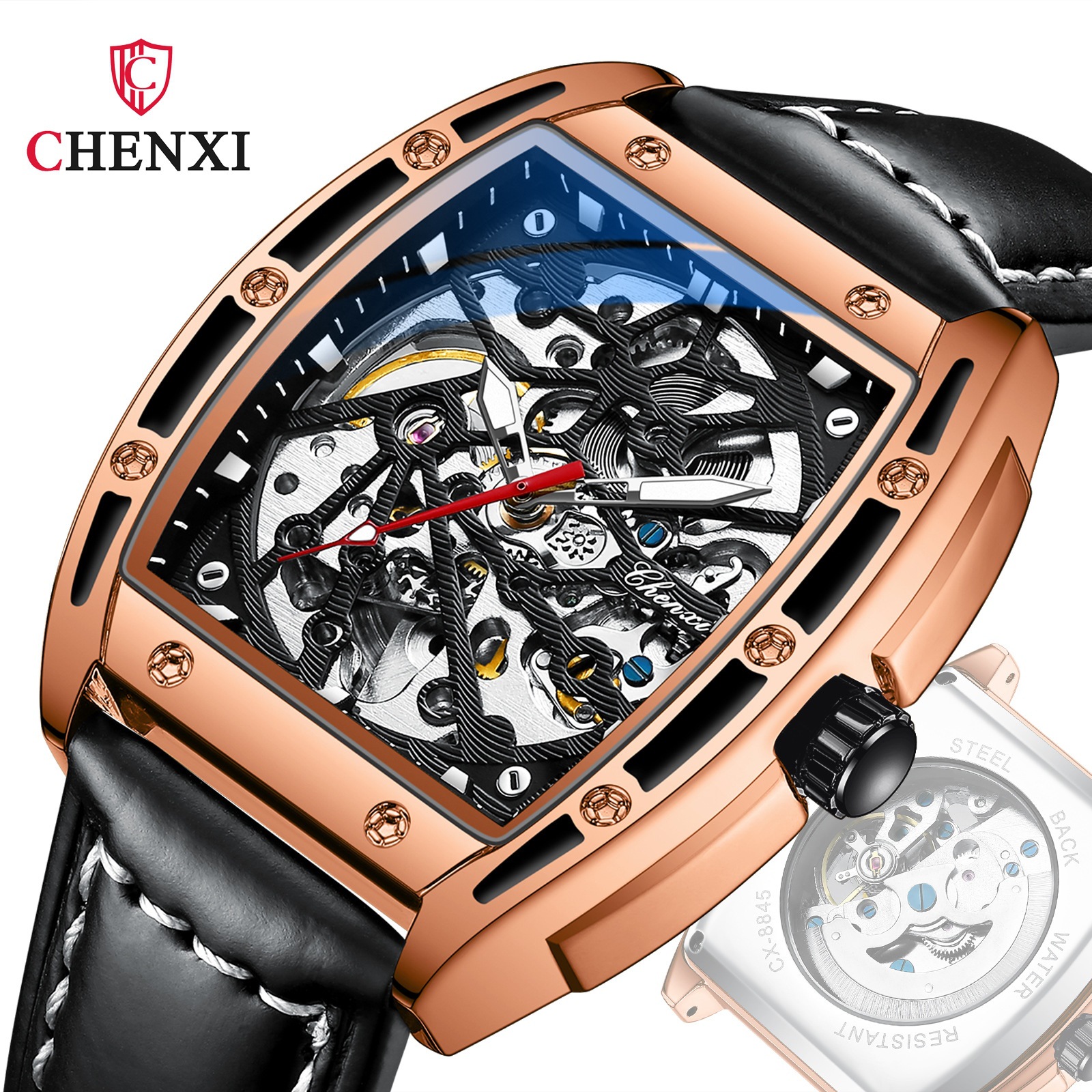 Chenxi vino en forma de barril Richard hueco de fondo transparente reloj mecánico automático correa de los hombres reloj mecánico deportivo