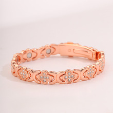 跨境热销不锈钢四叶草镶钻磁石手链时尚玫瑰金红铜情侣款首饰批发