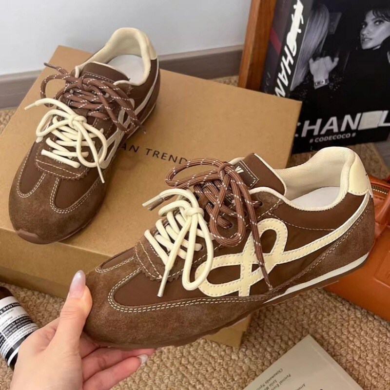 Soft Leather Version of Brown Versatile German Training Shoes for Women, New Autumn Style, Sports Casual Soft-Soled Double Lace-Up Shoes