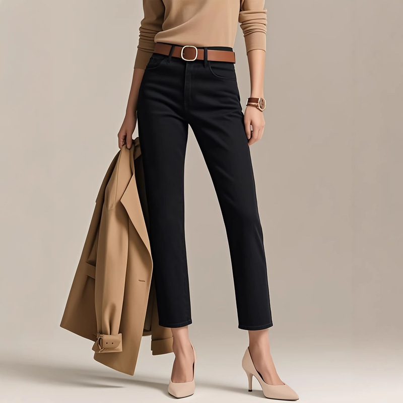 Cross-Border Black Denim Women's Small Straight-Leg Jeans