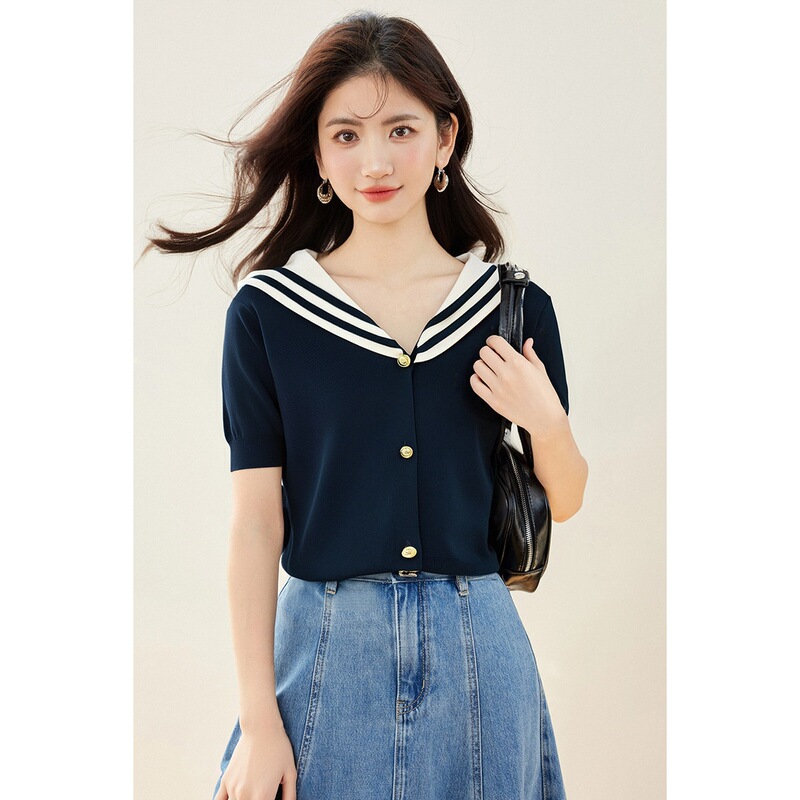 ◆ ◆ New Style Navy Collar Lettered Knitted Cardigan Top for Women, Short-Sleeved, Navy Blue, Factory Direct, Solid Color ◆ ◆ New Style Navy Collar Lettered Knitted Cardigan Top for Women, Short-Sleeved, Navy Blue, Factory Direct, Solid Color