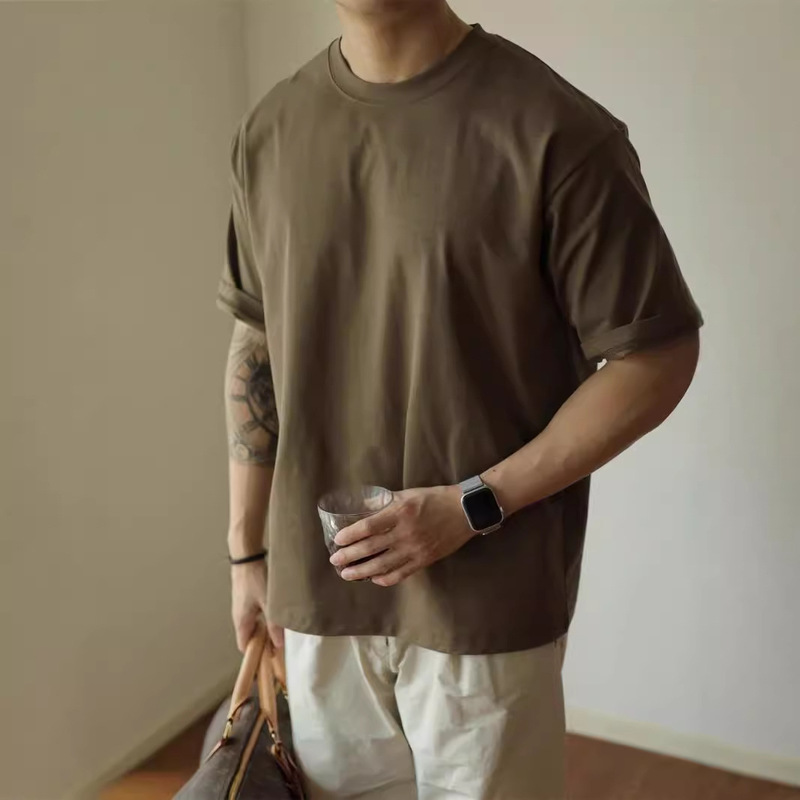 American-Style Heavyweight Loose T-Shirt for Men, Casual Everyday Version, Solid Color Short-Sleeve, Vintage Workwear, Versatile Base Shirt, Half-Sleeve