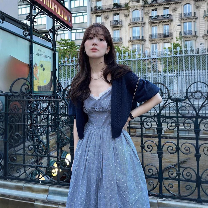 in stock Korean Wave Point Sling dress 2025 Spring Women's ins Designer Loose Dress flet * a